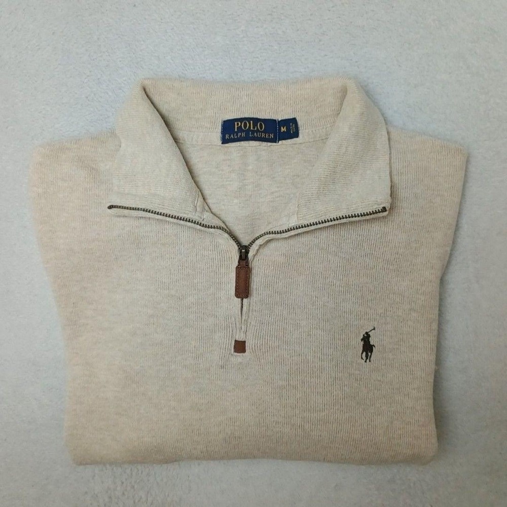 Polo Ralph Lauren Sweater Mens M Beige 1/4 Zip Mock Neck Lightweight Cotton